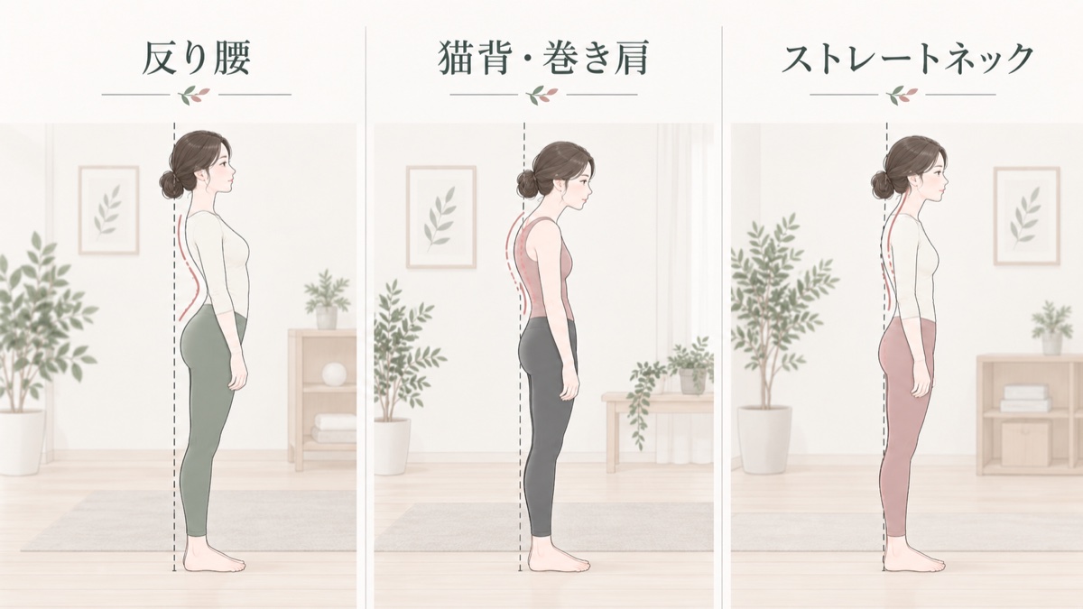 姿勢のくずれ3タイプ｜反り腰・猫背／巻き肩・ストレートネック